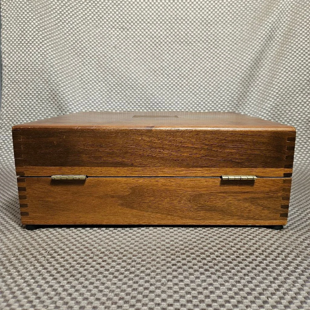 Crafted Walnut Wood Storage Box w Black Felt Interior Vintage Tobacco Box Large